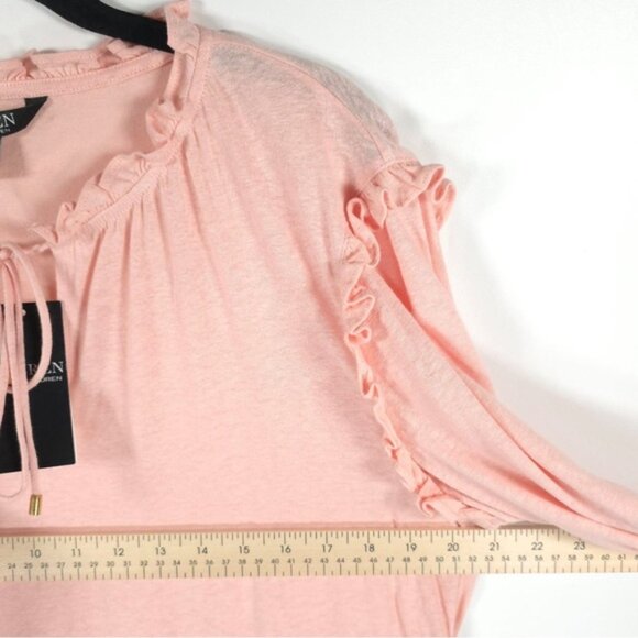 NWT LAUREN RALPH LAUREN BLACK LABEL LINEN Blend Ruffle Neck Top Keyhole Neck LG - Picture 8 of 15